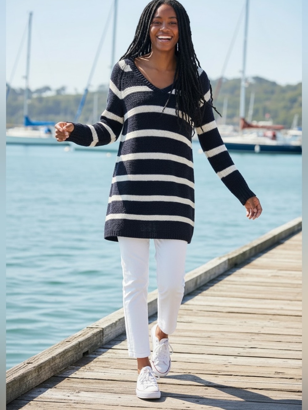 TALBOTS BLACK & OFF WHITE STRIPED KNIT TUNIC PREPPY V-NECK SWEATER VGC SZ S